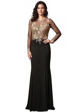Xscape Long Sleeve Round Neck Gold/Black Embroidered Ruched Gown Size 4